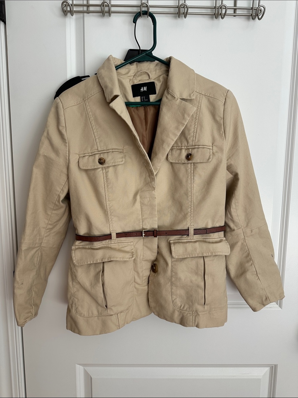 H&M Beige Cotton Military-Style Field Jacket with Brown Belt